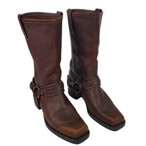 Frye Brown Leather Harness 12R Tall Square Toe Biker Boot Size 9 1/2